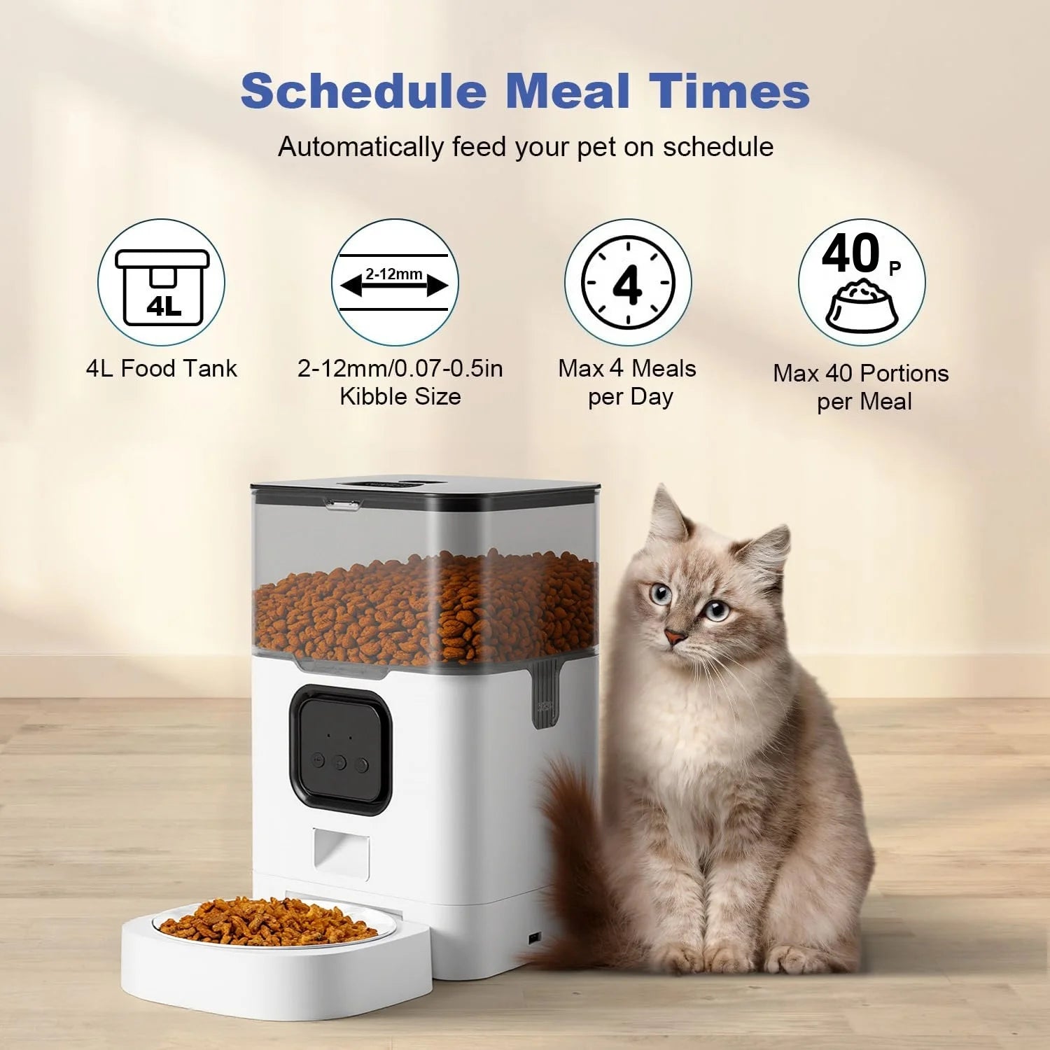 Automatic Cat Feeder 4L WIFI, 2.4G Wifi Timed Pet Feeder Cat Food Dispenser, 4L Automatic Cat Food Dispenser for Small Pets Indoor, White