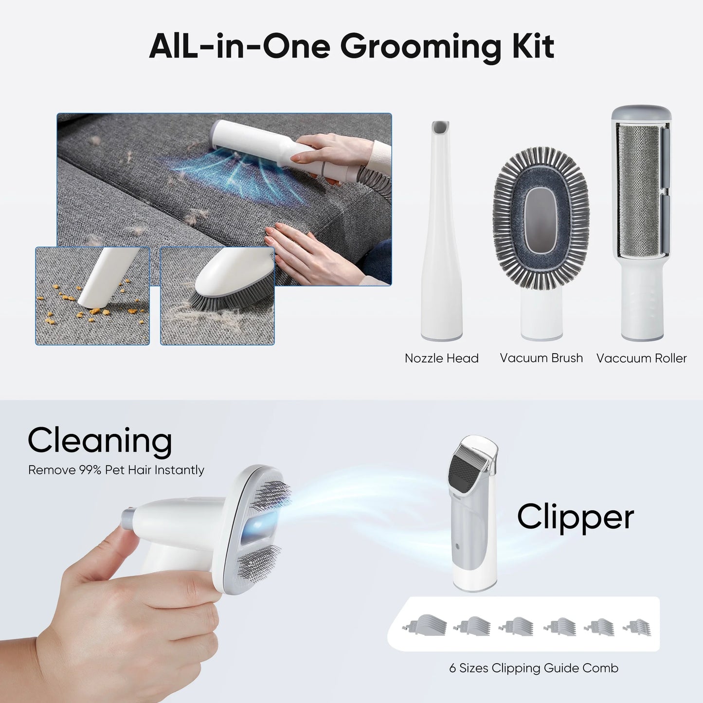 Dog Grooming Kit, 2.5L Pet Hair Grooming Vacuum, 5-In-1 Electric Clippers Cleaning Sets for Dog/Cat/Other Animals, White