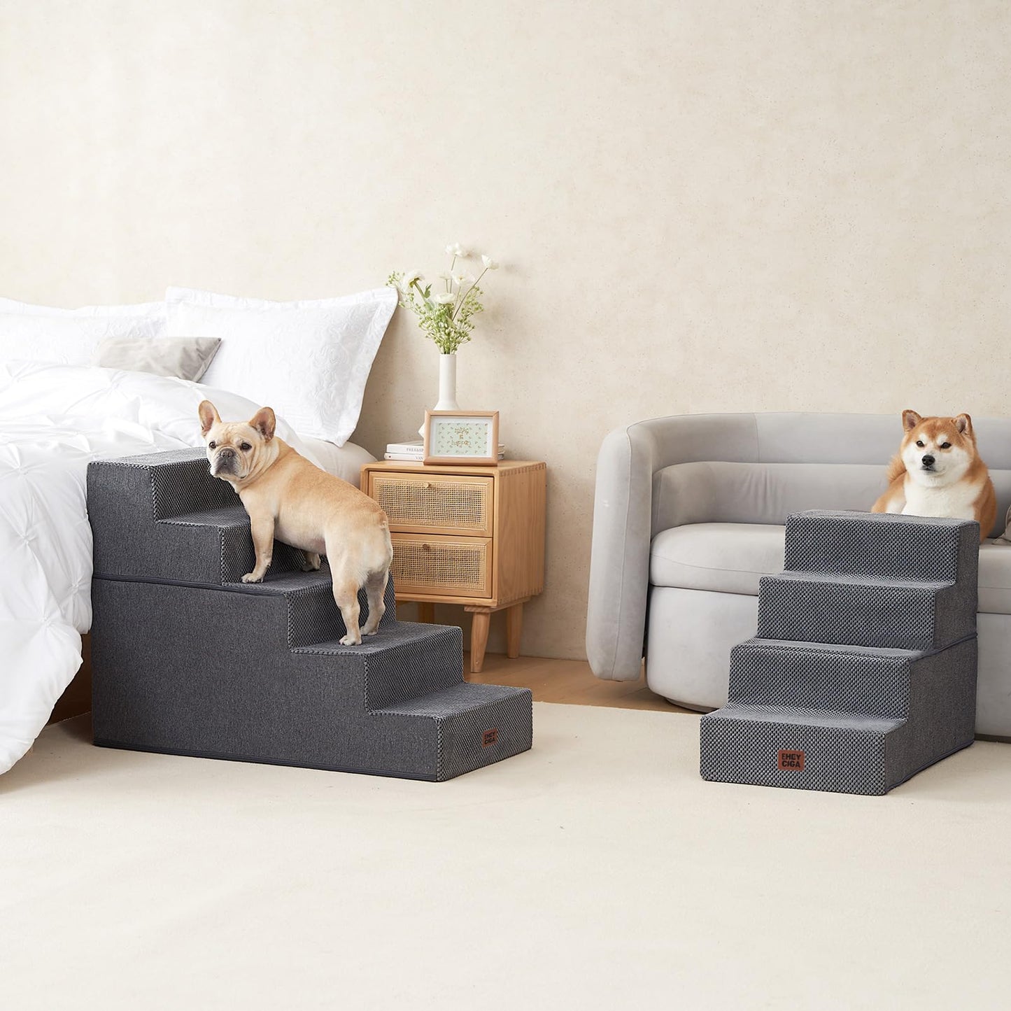 EHEYCIGA Dog Stairs for High Bed 22.5" H, 5-Step Dog Steps for Bed, Pet Steps for Small Dogs and Cats, Non-Slip Balanced Pet Ramp Indoor, Grey