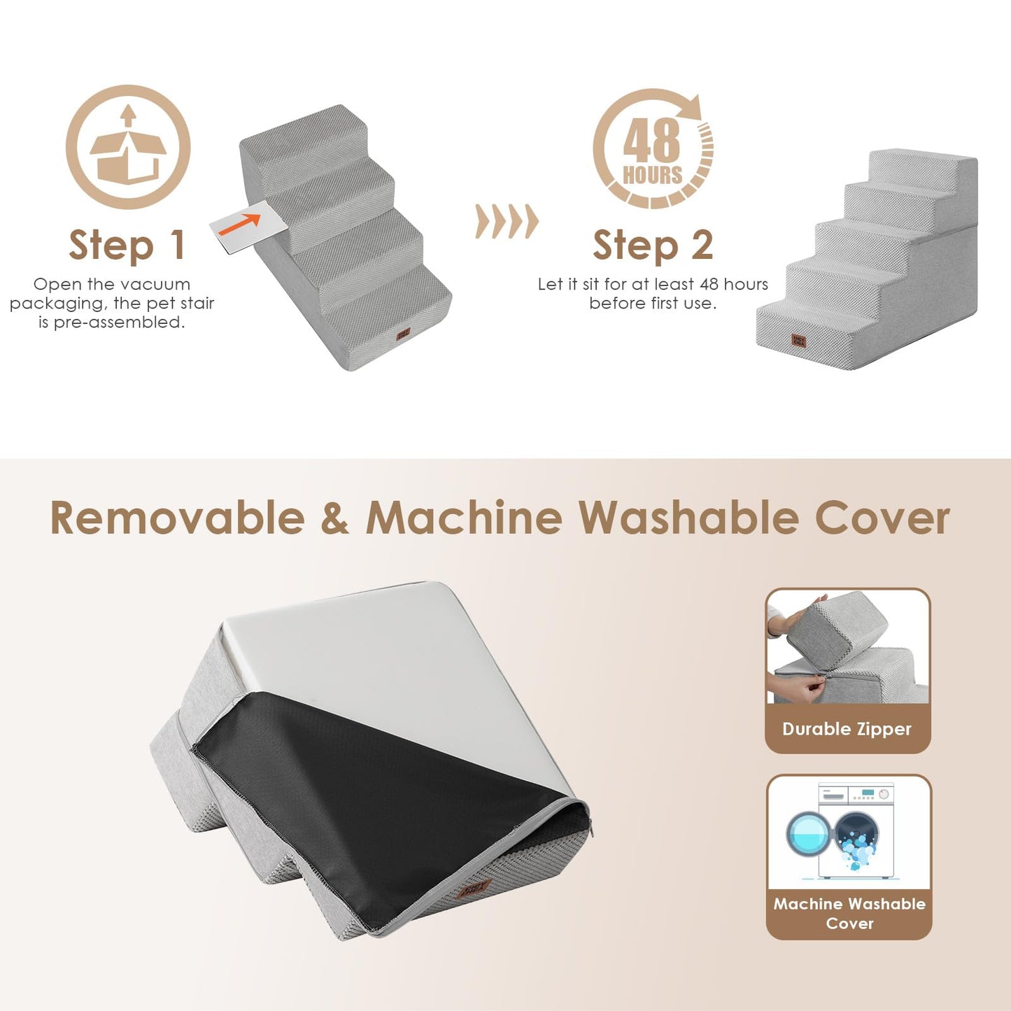 EHEYCIGA Dog Stairs for High Bed 22.5" H, 5-Step Dog Steps for Bed, Pet Steps for Small Dogs and Cats, Non-Slip Balanced Pet Ramp Indoor, Grey