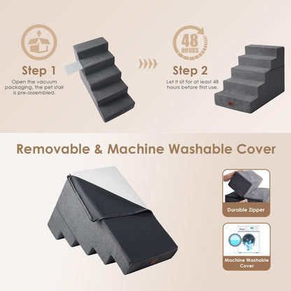 EHEYCIGA Dog Stairs for High Bed 22.5" H, 5-Step Dog Steps for Bed, Pet Steps for Small Dogs and Cats, Non-Slip Balanced Pet Ramp Indoor, Grey