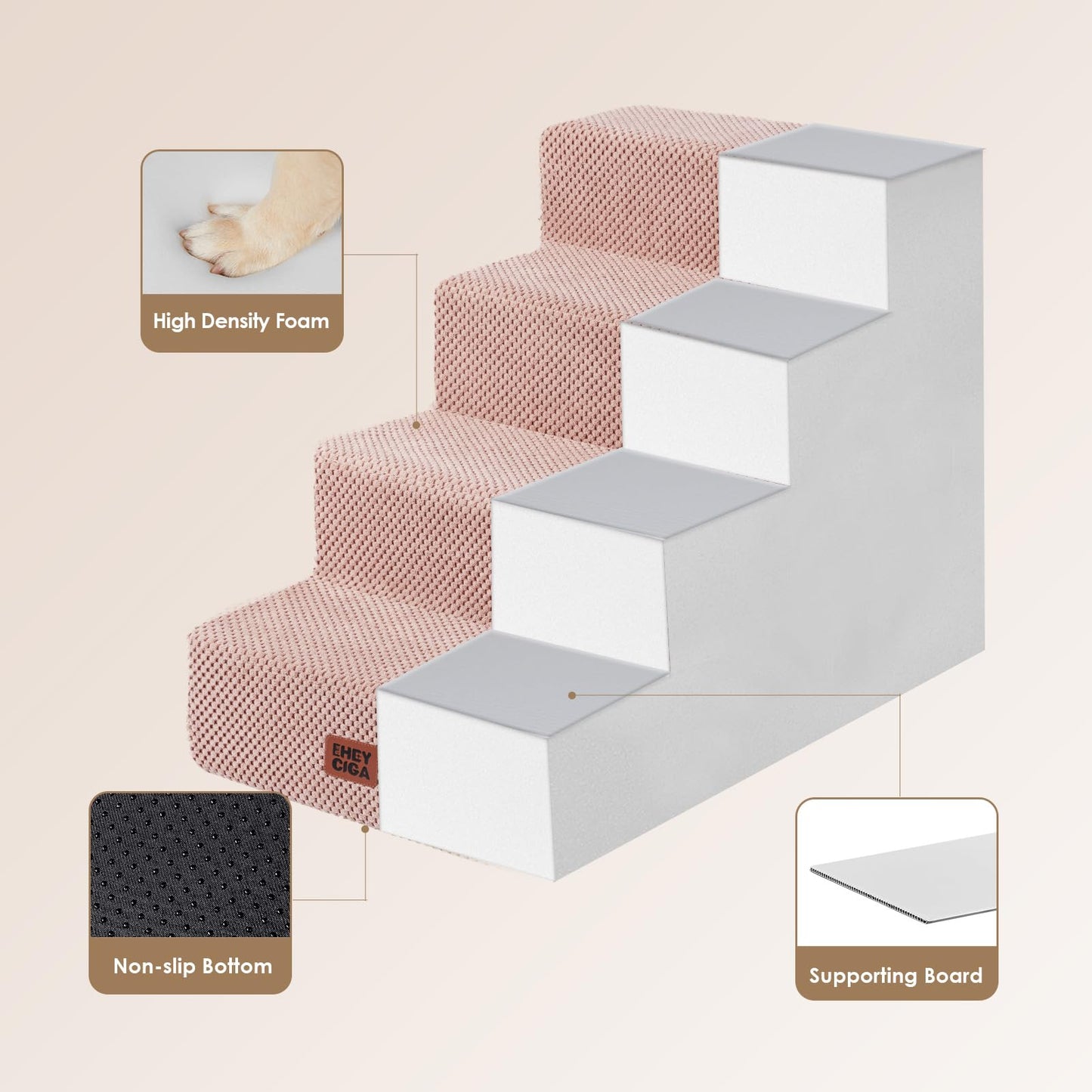 EHEYCIGA Dog Stairs for High Bed 22.5" H, 5-Step Dog Steps for Bed, Pet Steps for Small Dogs and Cats, Non-Slip Balanced Pet Ramp Indoor, Grey