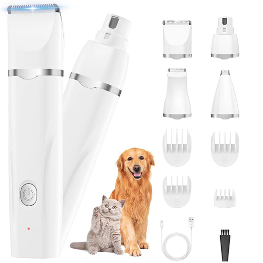4 in 1 Dog Clippers, Low Noise Pets Hair Clipper Grooming Kit, Cordless Dog Paw Trimmers Rechargeable Quiet Nail Grinder Shaver for Dogs Cats Trimming Hair around Paws Eyes Ears Face Rump