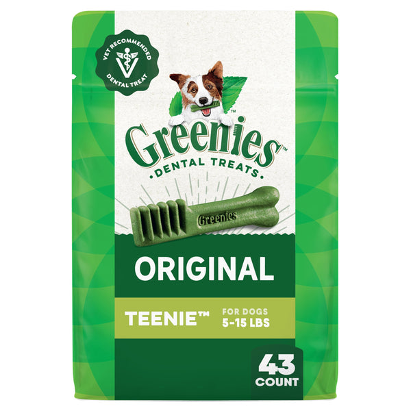 Greenies Veterinarian-Recommended Adult Natural Dental Dog Treats Teenie Size, Dog Dental Chews, Original Flavor, 12 oz. Pack, 43 Count