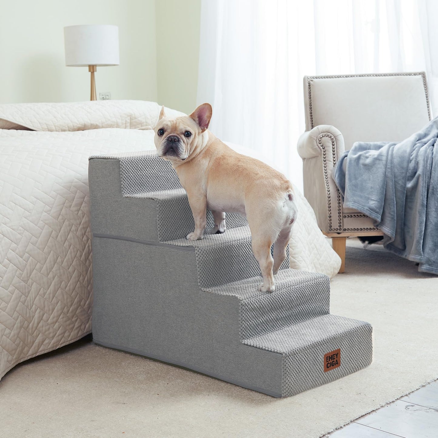 EHEYCIGA Dog Stairs for High Bed 22.5" H, 5-Step Dog Steps for Bed, Pet Steps for Small Dogs and Cats, Non-Slip Balanced Pet Ramp Indoor, Grey