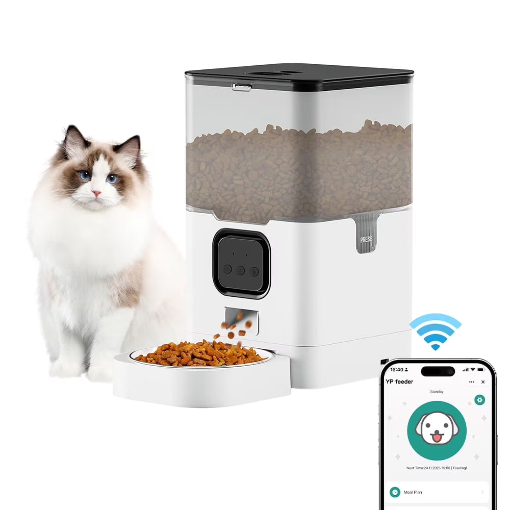Automatic Cat Feeder 4L WIFI, 2.4G Wifi Timed Pet Feeder Cat Food Dispenser, 4L Automatic Cat Food Dispenser for Small Pets Indoor, White