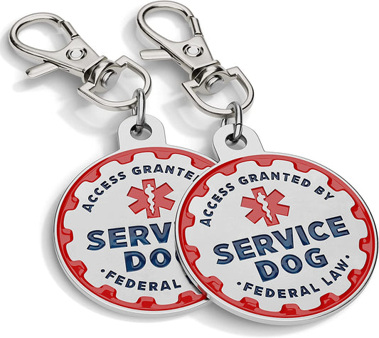 2 Pack Service Dog Tag Double Sided: Metal Pet ID Tags for Service Animals, Emotional Support & Therapy, Navy Lettering & Red Enamel Trim (1 Inch (Small Dogs))