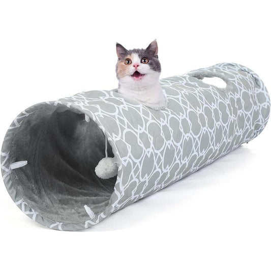 Geometric Straight Cat Tunnel with Plush Inside,Cats Toys Collapsible Tunnel Tube with Balls, for Rabbits, Kittens, Ferrets,Puppy and Dogs,Diameter 11.8 Inch