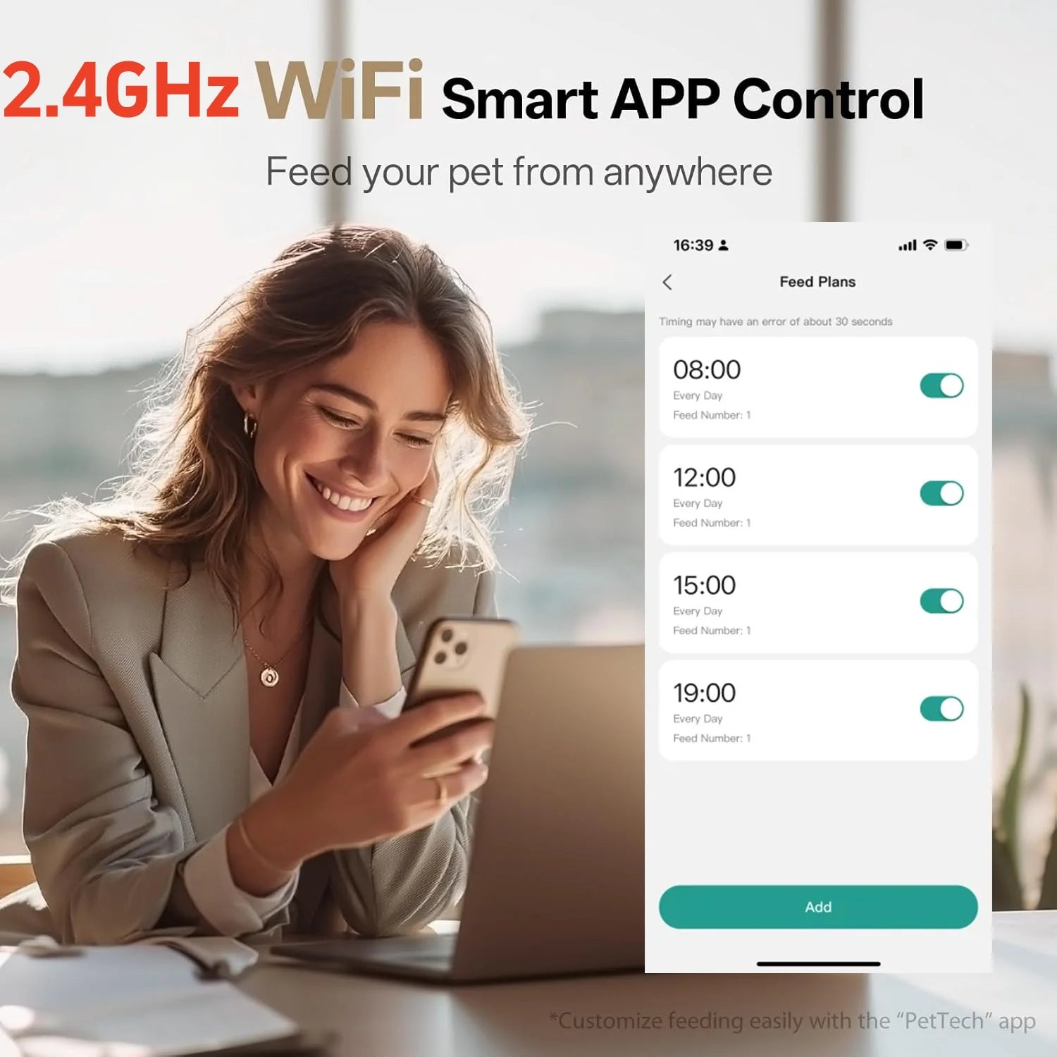 Automatic Cat Feeder 4L WIFI, 2.4G Wifi Timed Pet Feeder Cat Food Dispenser, 4L Automatic Cat Food Dispenser for Small Pets Indoor, White